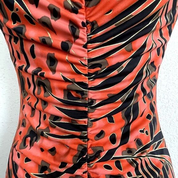 Maxine Sz 16 Gathered Front One Piece Swimsuit Red Orange Animal Print Shapewear - Picture 6 of 14